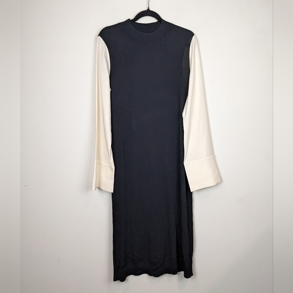 COS Black and Cream silk sleeved dress size Medium - Picture 1 of 8